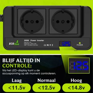EcoLine - Auto Omvormer 12V Naar 220V/230V - 200W Autolader - stopcontact voor in de auto met 4x USB - splitter